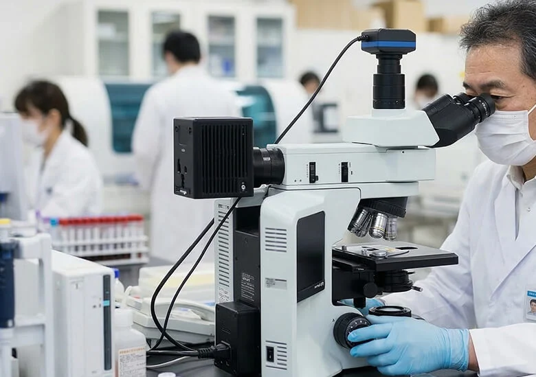 Researcher at a microscope in a Japanese laboratory