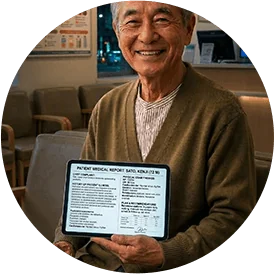 Dr. Sato holding his test results